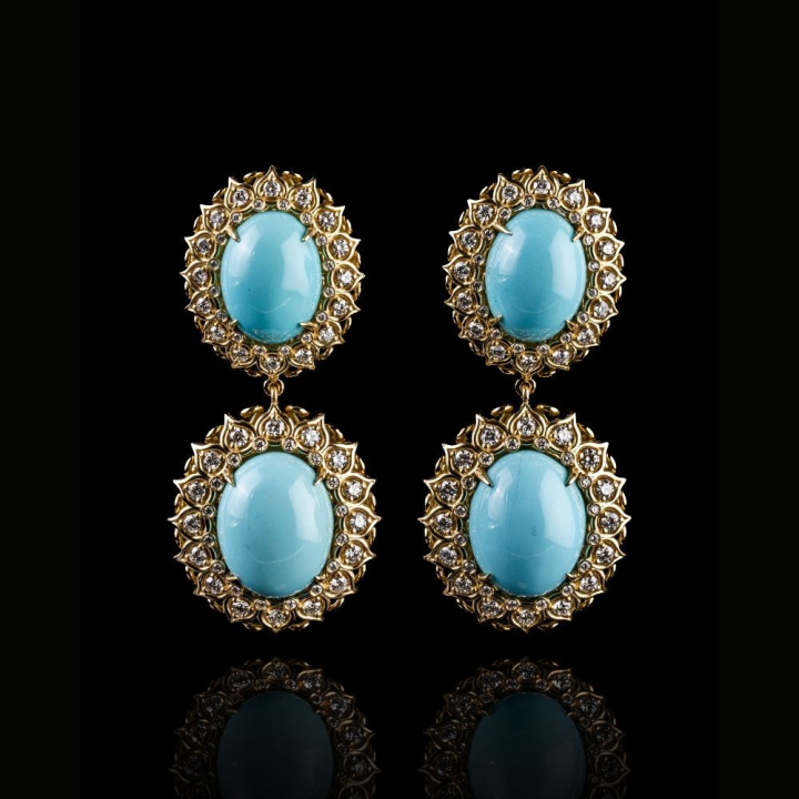 18kt Yellow Gold earrings with turquoises Arizona and Diamonds